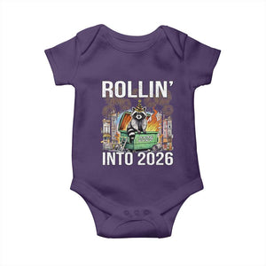 Funny Raccoon Rollin Into 2026 Baby Onesie Happy New Year Dumpster Fire TS11 Purple Print Your Wear