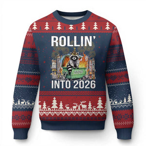 Funny Raccoon Rollin Into 2026 Ugly Christmas Sweater Happy New Year Dumpster Fire TS11 Navy Red Print Your Wear