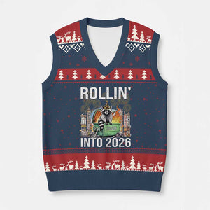 Funny Raccoon Rollin Into 2026 V-Neck Knit Sweater Vest Happy New Year Dumpster Fire TS11 Navy Red Print Your Wear