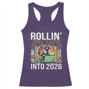 Funny Raccoon Rollin Into 2026 Racerback Tank Top Happy New Year Dumpster Fire TS11 Purple Print Your Wear