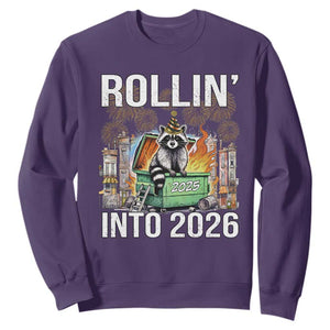 Funny Raccoon Rollin Into 2026 Sweatshirt Happy New Year Dumpster Fire TS11 Purple Print Your Wear