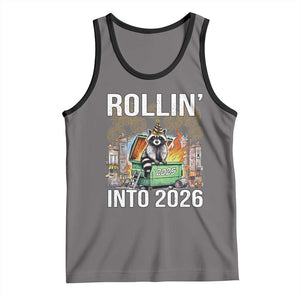 Funny Raccoon Rollin Into 2026 Tank Top Happy New Year Dumpster Fire TS11 Deep Heather Black Print Your Wear