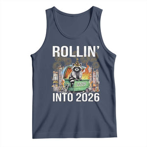 Funny Raccoon Rollin Into 2026 Tank Top Happy New Year Dumpster Fire TS11 Navy Print Your Wear