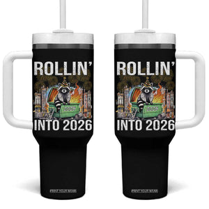 Funny Raccoon Rollin Into 2026 Tumbler With Handle Happy New Year Dumpster Fire TS11 One Size: 40 oz Black Print Your Wear