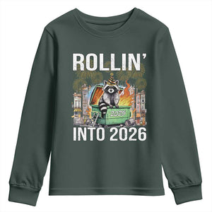 Funny Raccoon Rollin Into 2026 Youth Sweatshirt Happy New Year Dumpster Fire TS11 Dark Forest Green Print Your Wear