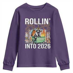 Funny Raccoon Rollin Into 2026 Youth Sweatshirt Happy New Year Dumpster Fire TS11 Purple Print Your Wear