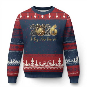 Spanish New Year 2026 Ugly Christmas Sweater Feliz Ano Nuevo NYE Party Disco Ball TS11 Navy Red Print Your Wear
