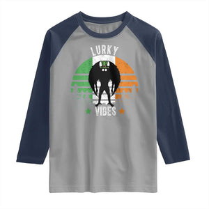 Funny St Patrick's Day Mothman Raglan Shirt Lurky Vibes Shamrock Retro Ireland Flag TS11 Sport Gray Navy Print Your Wear