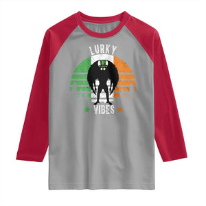 Funny St Patrick's Day Mothman Raglan Shirt Lurky Vibes Shamrock Retro Ireland Flag TS11 Sport Gray Red Print Your Wear