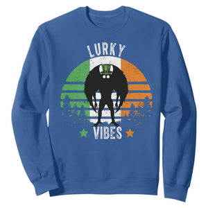 Funny St Patrick's Day Mothman Sweatshirt Lurky Vibes Shamrock Retro Ireland Flag TS11 Royal Blue Print Your Wear