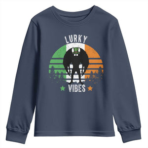 Funny St Patrick's Day Mothman Youth Sweatshirt Lurky Vibes Shamrock Retro Ireland Flag TS11 Navy Print Your Wear