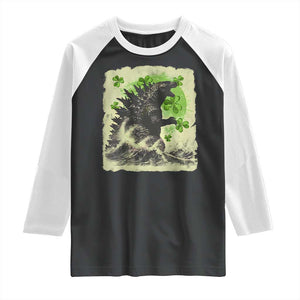 Funny St Patrick's Day Japanese Giant Monster Raglan Shirt Vintage Shamrock Tsunami TS11 Black White Print Your Wear