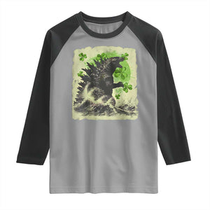 Funny St Patrick's Day Japanese Giant Monster Raglan Shirt Vintage Shamrock Tsunami TS11 Sport Gray Black Print Your Wear
