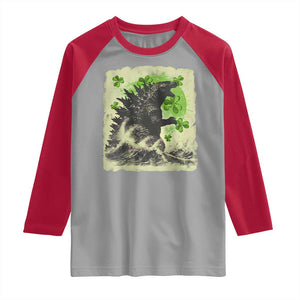 Funny St Patrick's Day Japanese Giant Monster Raglan Shirt Vintage Shamrock Tsunami TS11 Sport Gray Red Print Your Wear