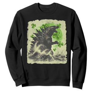 Funny St Patrick's Day Japanese Giant Monster Sweatshirt Vintage Shamrock Tsunami TS11 Black Print Your Wear