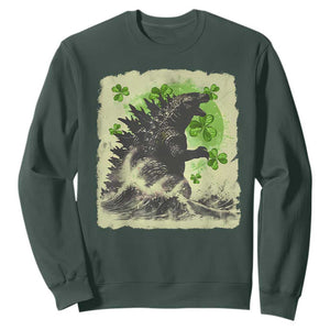 Funny St Patrick's Day Japanese Giant Monster Sweatshirt Vintage Shamrock Tsunami TS11 Dark Forest Green Print Your Wear