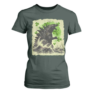 Funny St Patrick's Day Japanese Giant Monster T Shirt For Women Vintage Shamrock Tsunami TS11 Dark Forest Green Print Your Wear