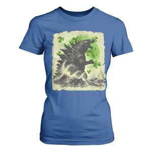 Funny St Patrick's Day Japanese Giant Monster T Shirt For Women Vintage Shamrock Tsunami TS11 Royal Blue Print Your Wear