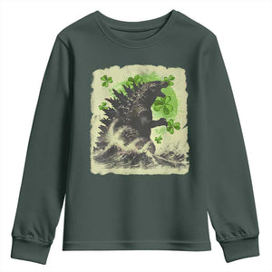 Funny St Patrick's Day Japanese Giant Monster Youth Sweatshirt Vintage Shamrock Tsunami TS11 Dark Forest Green Print Your Wear