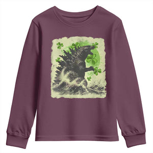 Funny St Patrick's Day Japanese Giant Monster Youth Sweatshirt Vintage Shamrock Tsunami TS11 Maroon Print Your Wear