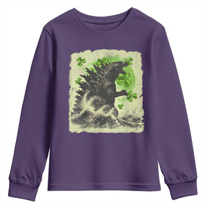 Funny St Patrick's Day Japanese Giant Monster Youth Sweatshirt Vintage Shamrock Tsunami TS11 Purple Print Your Wear