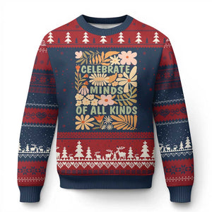 Celebrate Minds Of All Kinds Ugly Christmas Sweater Autism Awareness Inspirational Quote Flowers TS11 Navy Red Print Your Wear