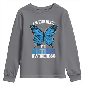 I Wear Blue For Autism Awareness Youth Sweatshirt Blue Butterfly Puzzle Pieces TS11 Charcoal Print Your Wear