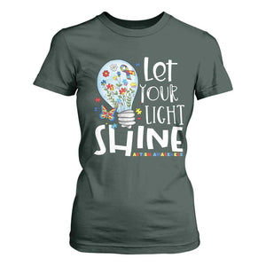 Autism Awareness T Shirt For Women Let Your Light Shine Puzzle Ribbon Inspirational Quote TS11 Dark Forest Green Print Your Wear