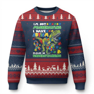 Funny Autism Awareness Dinosaur Ugly Christmas Sweater I'm Not Misbehaving I Have Autism Please Be Understanding TS11 Navy Red Print Your Wear