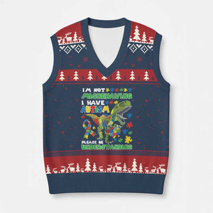Funny Autism Awareness Dinosaur V-Neck Knit Sweater Vest I'm Not Misbehaving I Have Autism Please Be Understanding TS11 Navy Red Print Your Wear