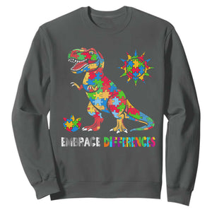 Funny Autism Awareness Embrace Differences Sweatshirt Puzzle Dinosaur TS11 Dark Heather Print Your Wear