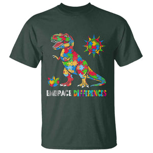 Funny Autism Awareness Embrace Differences T Shirt Puzzle Dinosaur TS11 Dark Forest Green Print Your Wear