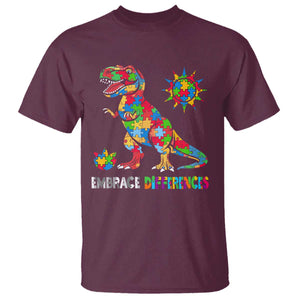 Funny Autism Awareness Embrace Differences T Shirt Puzzle Dinosaur TS11 Maroon Print Your Wear