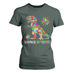 Funny Autism Awareness Embrace Differences T Shirt For Women Puzzle Dinosaur TS11 Dark Forest Green Print Your Wear