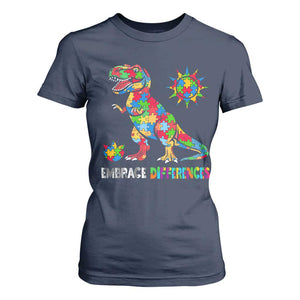 Funny Autism Awareness Embrace Differences T Shirt For Women Puzzle Dinosaur TS11 Navy Print Your Wear