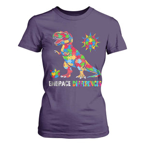 Funny Autism Awareness Embrace Differences T Shirt For Women Puzzle Dinosaur TS11 Purple Print Your Wear