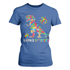 Funny Autism Awareness Embrace Differences T Shirt For Women Puzzle Dinosaur TS11 Royal Blue Print Your Wear