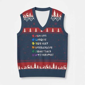 Funny Autism Awareness V-Neck Knit Sweater Vest Always Unique Totally Intelligent Sometimes Mysterious TS11 Navy Red Print Your Wear