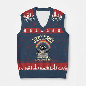 Funny I Don't Struggle With Autism I'm Actually Very Good At It V-Neck Knit Sweater Vest Autistic Racoon TS11 Navy Red Print Your Wear