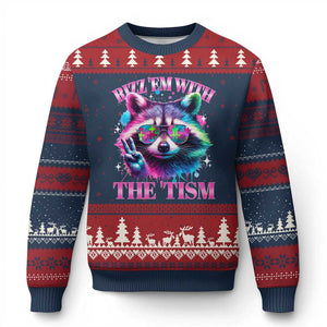 Funny Autism Awareness Racoon Ugly Christmas Sweater Rizz Em With The Tism Meme Autistic TS11 Navy Red Print Your Wear