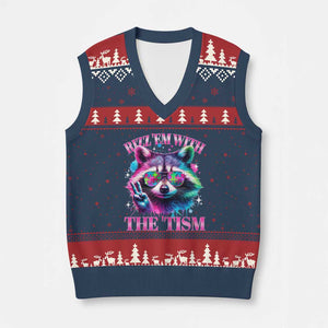 Funny Autism Awareness Racoon V-Neck Knit Sweater Vest Rizz Em With The Tism Meme Autistic TS11 Navy Red Print Your Wear
