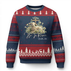 He Is Risen Ugly Christmas Sweater Christian Religious Easter Day Bible Verse Sheep TS11 Navy Red Print Your Wear