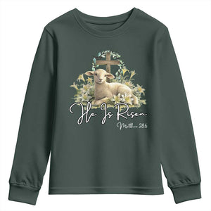He Is Risen Youth Sweatshirt Christian Religious Easter Day Bible Verse Sheep TS11 Dark Forest Green Print Your Wear