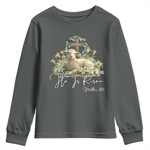 He Is Risen Youth Sweatshirt Christian Religious Easter Day Bible Verse Sheep TS11 Dark Heather Print Your Wear