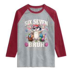 Funny Easter Day Six Seven Bruh Raglan Shirt 67 Bunny Easter Eggs TS11 Heather Gray Heather Red Print Your Wear