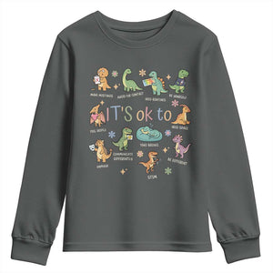 Dinosaur Autism Awareness Youth Sweatshirt It Is Okay to Be Different Dino Lover TS11 Dark Heather Print Your Wear