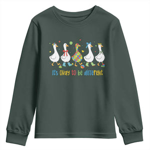 Funny Autistic Goose Youth Sweatshirt It Is Okay To Be Different Autism Awareness TS11 Dark Forest Green Print Your Wear