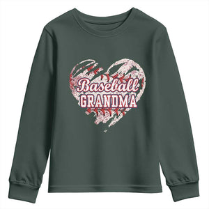 Baseball Grandma Youth Sweatshirt Vintage Baseball Heart Game Day TS11 Dark Forest Green Print Your Wear