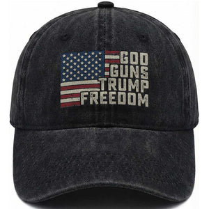Funny God Guns Trump Freedom Washed Cotton Baseball Cap American Flag Christian Pro Gun TS11 Washed Cap Universal Fit Black Print Your Wear