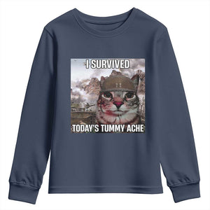 Funny I Survived Todays Tummy Ache Youth Sweatshirt War Cat Meme TS11 Navy Print Your Wear
